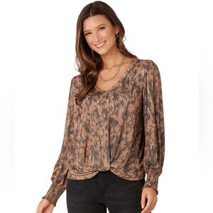 Democracy Camel Black Metallic V Neck Long Sleeve Top size large